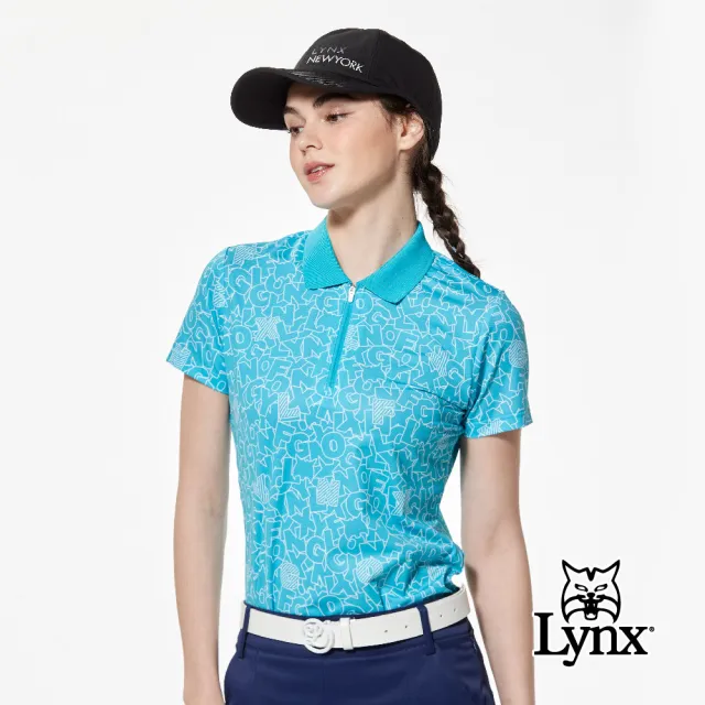 【Lynx Golf】女款吸溼排汗滿版LOGO塗鴉感印花後背配布剪裁短袖立領POLO衫/高爾夫球衫(二色)