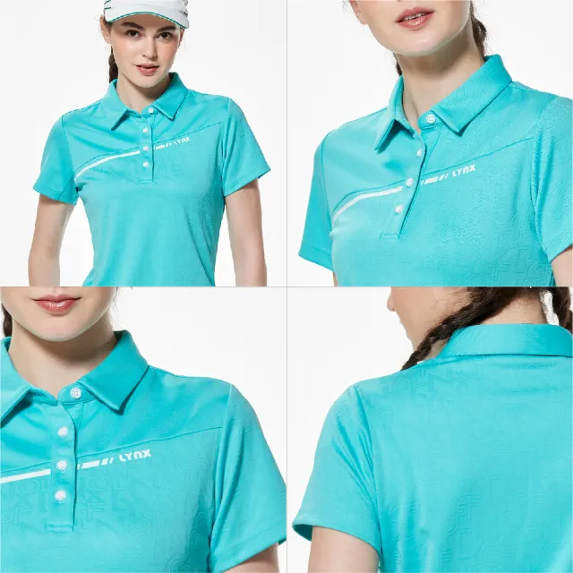 【Lynx Golf】女款合身版吸溼排汗Lynx字樣緹花工藝斜裁剪接配布造型短袖POLO衫/高爾夫球衫(二色)