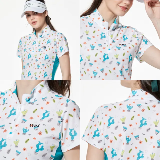 【Lynx Golf】女款吸溼排汗配色羅紋袖異材質剪裁山貓膠標造型短袖立領POLO衫/高爾夫球衫(二色)