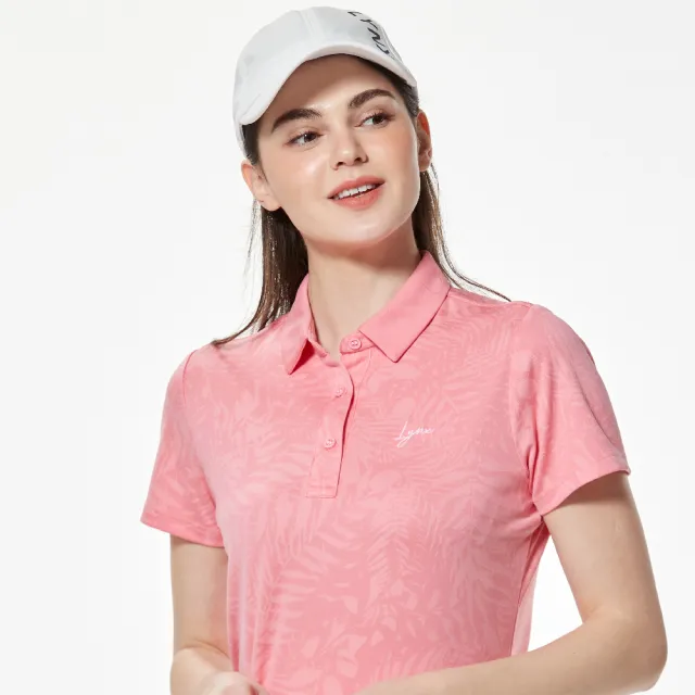 【Lynx Golf】女款吸溼排汗機能優美花草圖樣緹花Lynx字樣繡花短袖POLO衫/高爾夫球衫(蜜桃粉色)