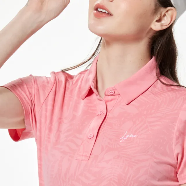 【Lynx Golf】女款吸溼排汗機能優美花草圖樣緹花Lynx字樣繡花短袖POLO衫/高爾夫球衫(蜜桃粉色)