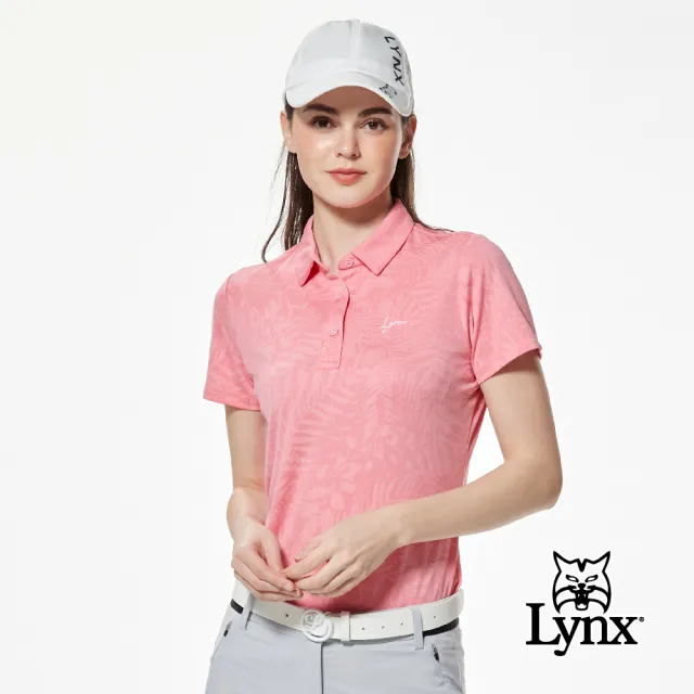 【Lynx Golf】女款吸溼排汗機能優美花草圖樣緹花Lynx字樣繡花短袖POLO衫/高爾夫球衫(蜜桃粉色)