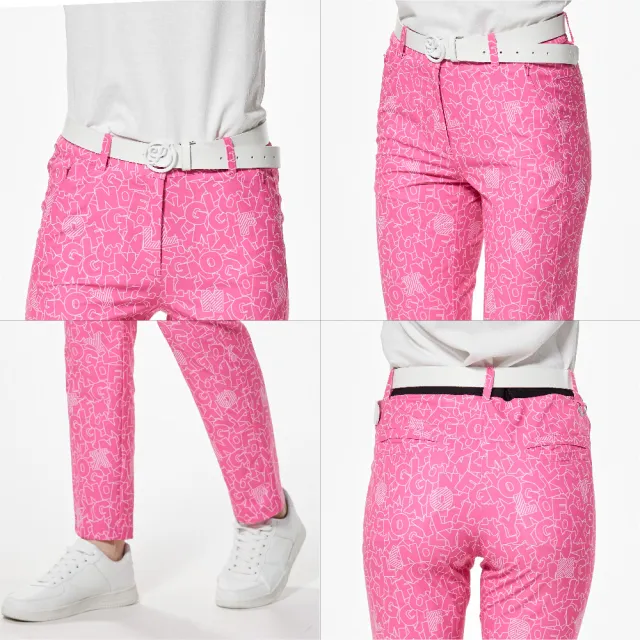 【Lynx Golf】女款四面彈性環保紗材質滿版卡通風格LOGO印花隱形拉鍊口袋窄管九分褲(桃紅色)