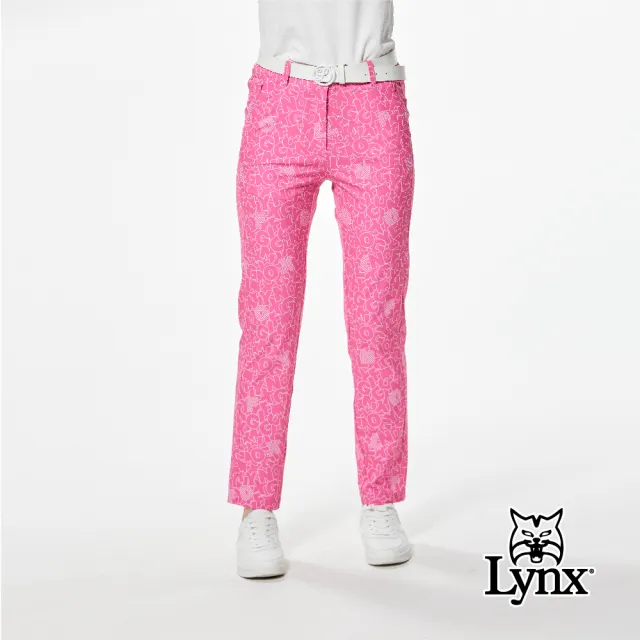 【Lynx Golf】女款四面彈性環保紗材質滿版卡通風格LOGO印花隱形拉鍊口袋窄管九分褲(桃紅色)