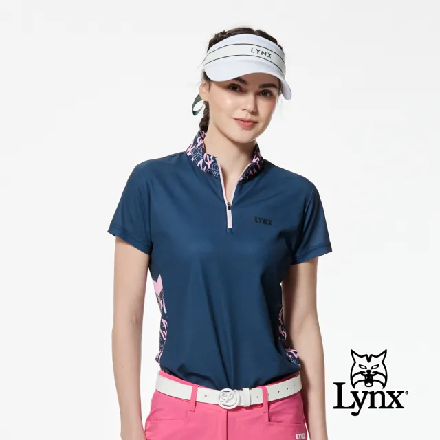 【Lynx Golf】女款吸濕排汗機能雙面組織布料剪接LOGO印花配布造型短袖立領POLO衫/高爾夫球衫(二色)
