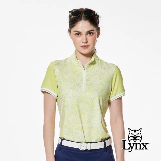 【Lynx Golf】女款吸排機能彈性舒適樹葉印花袖口剪接羅紋造型短袖立領POLO衫/高爾夫球衫(二色)