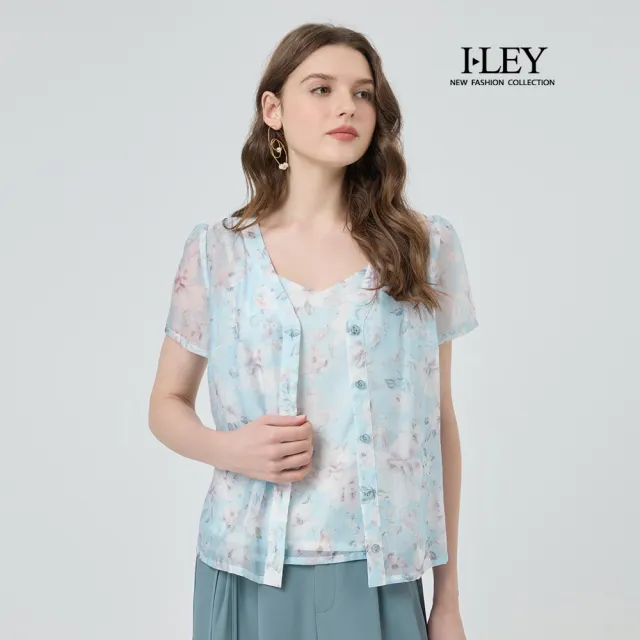 【ILEY 伊蕾】萊賽爾假兩件印花上衣(淺藍；M-XL；1252021433)