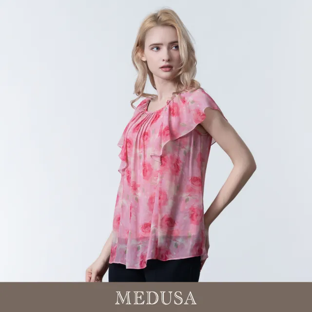 【MEDUSA 曼度莎】現貨-氣質玫瑰荷葉長版雪紡上衣（M-2L）｜女休閒上衣 長版上衣(601-35801)