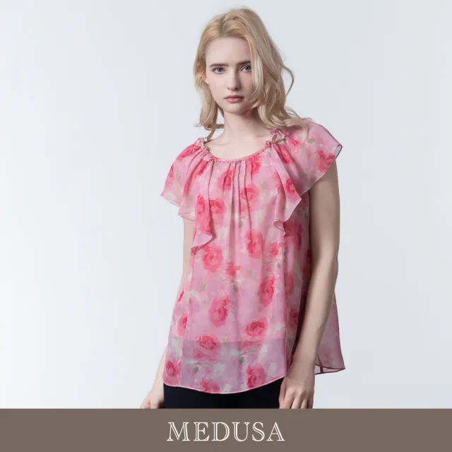 【MEDUSA 曼度莎】現貨-氣質玫瑰荷葉長版雪紡上衣(M-2L)|女休閒上衣 長版上衣(601-35801)