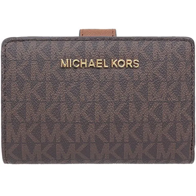 【Michael Kors】JET SET TRAVEL焦糖咖啡PVC滿版LOGO扣式拉鍊中夾