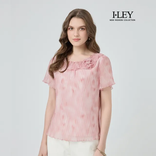 【ILEY 伊蕾】渲染波浪細褶印花上衣(粉；M-XL；1252071413)