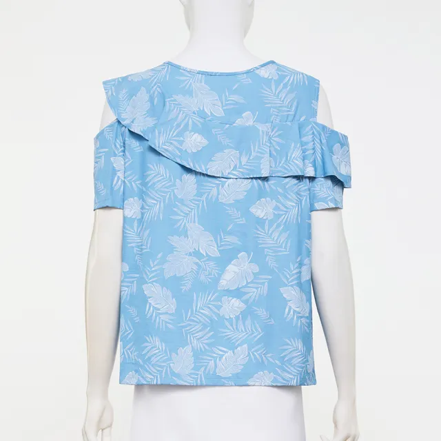 【ILEY 伊蕾】不對稱肩袖棉質印花上衣(藍；M-XL；1252021488)