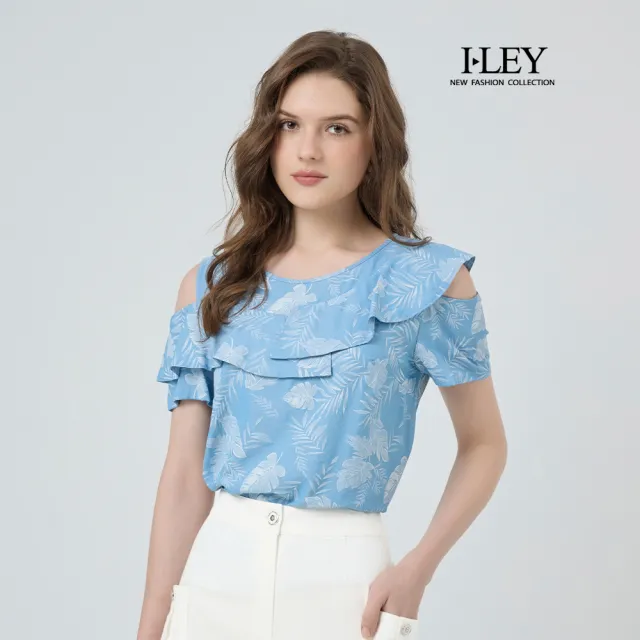 【ILEY 伊蕾】不對稱肩袖棉質印花上衣(藍；M-XL；1252021488)