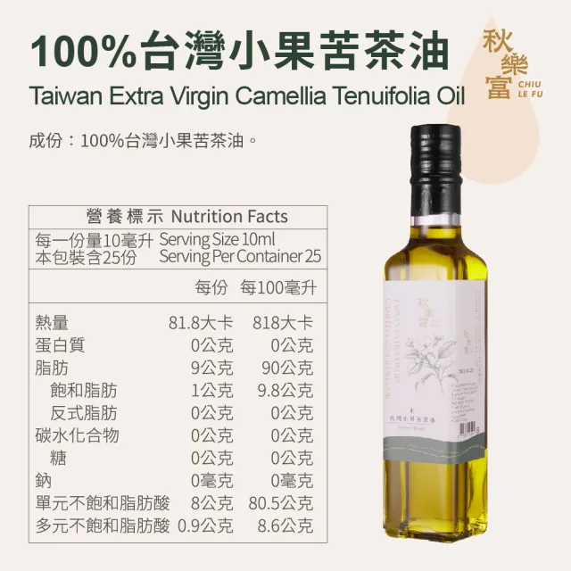 【Chiu Le Fu 秋樂富】小果苦茶油 紫蘇籽油 南瓜籽油(三款250ml各1瓶)