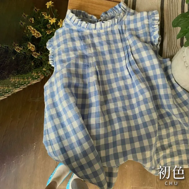【初色】荷葉邊木耳邊圓領無袖格紋背心T恤上衣女背心-藍色-12647(M-2XL可選)