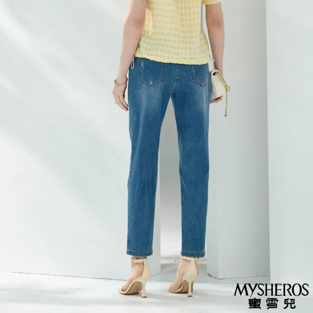 【MYSHEROS 蜜雪兒】高含棉修身牛仔褲 前釦拉鍊 趣味卡通印花(藍)