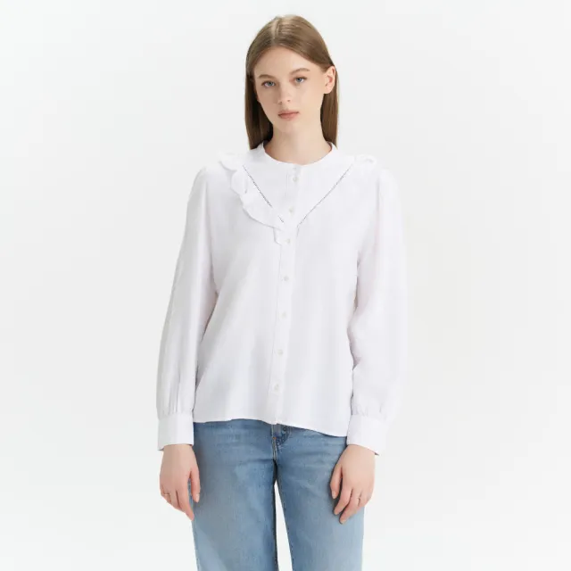 【LEVIS】女款 無領荷葉邊亞麻襯衫 上衣 熱賣單品 A7356-0000