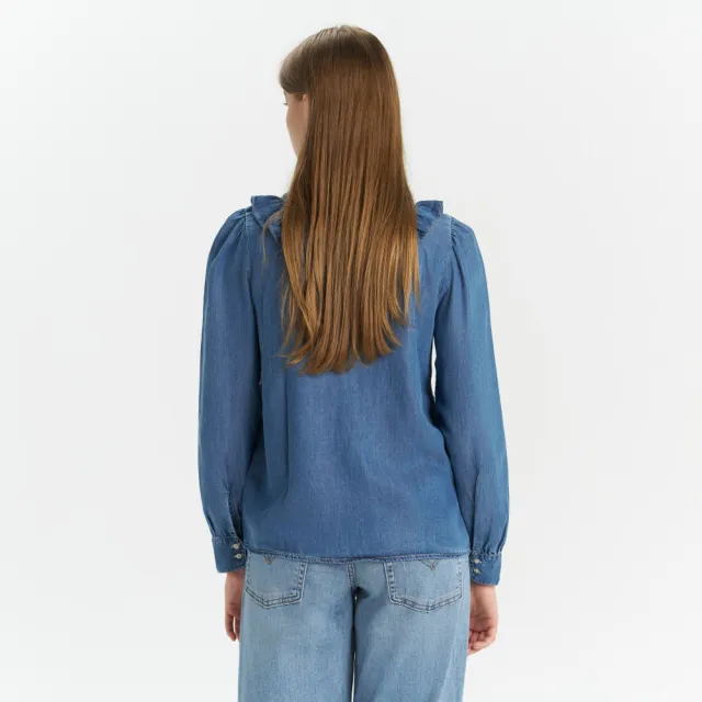 【LEVIS】女款 無領荷葉邊天絲棉牛仔襯衫 上衣 熱賣單品 A8431-0000
