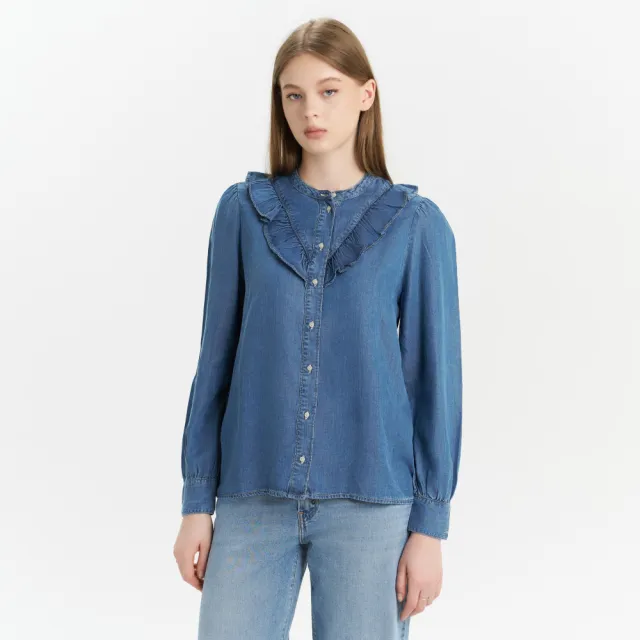 【LEVIS】女款 無領荷葉邊天絲棉牛仔襯衫 上衣 熱賣單品 A8431-0000