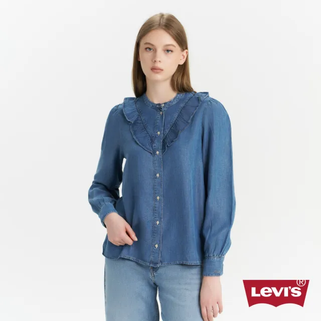 【LEVIS】女款 無領荷葉邊天絲棉牛仔襯衫 上衣 熱賣單品 A8431-0000
