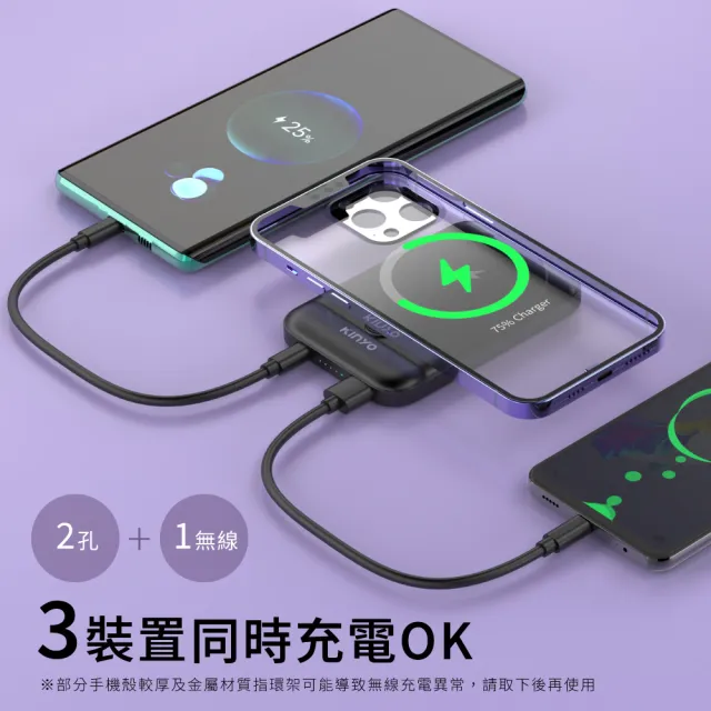 【KINYO】5000mAh 20W快充 小磁片超薄磁吸行動電源(KPB-2512B Type-C/蘋果/無線充)