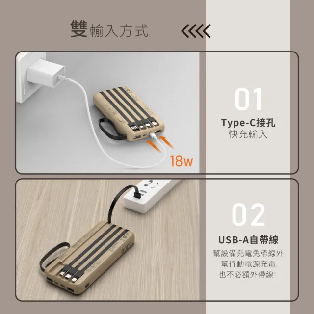 【KINYO】10000mAh 20W快充 超能充．自帶線輕儲能行動電源(KPB-2530 Type-C/蘋果/Micro USB)