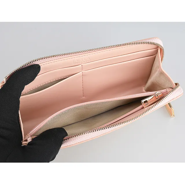 【FURLA 芙拉】FURLA Goccia經典金字LOGO牛皮 4卡L型拉鍊長夾(大/粉米色)