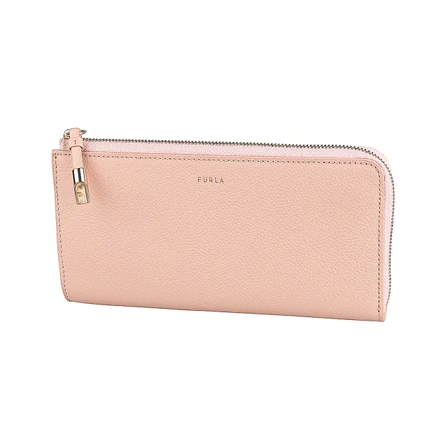 【FURLA 芙拉】FURLA Goccia經典金字LOGO牛皮 4卡L型拉鍊長夾(大/粉米色)