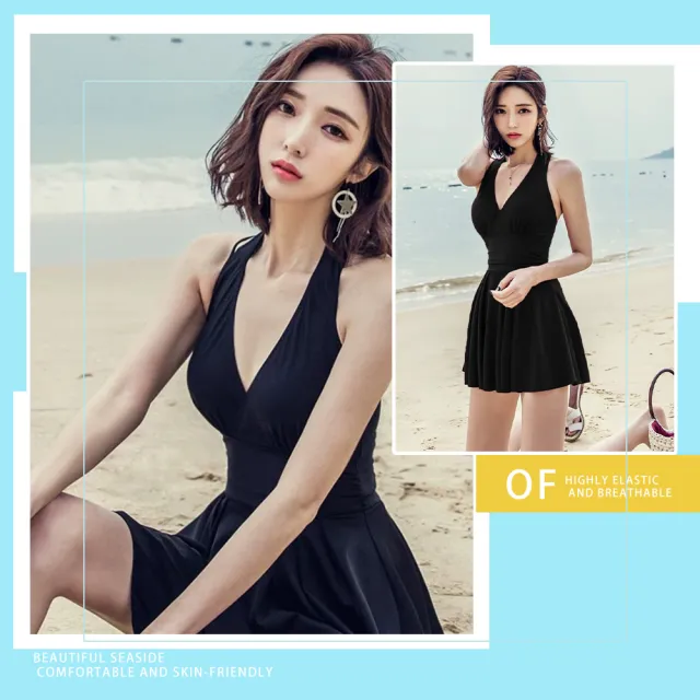 【SWIMFLOW】V領美背露肩連身泳衣(女生泳衣 美背泳衣 速乾泳裝 專業泳衣 衝浪泳衣 游泳泳衣 女生 兩件式)
