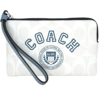【COACH】灰藍X冰川白PVC滿版LOGO拉鍊手拿包