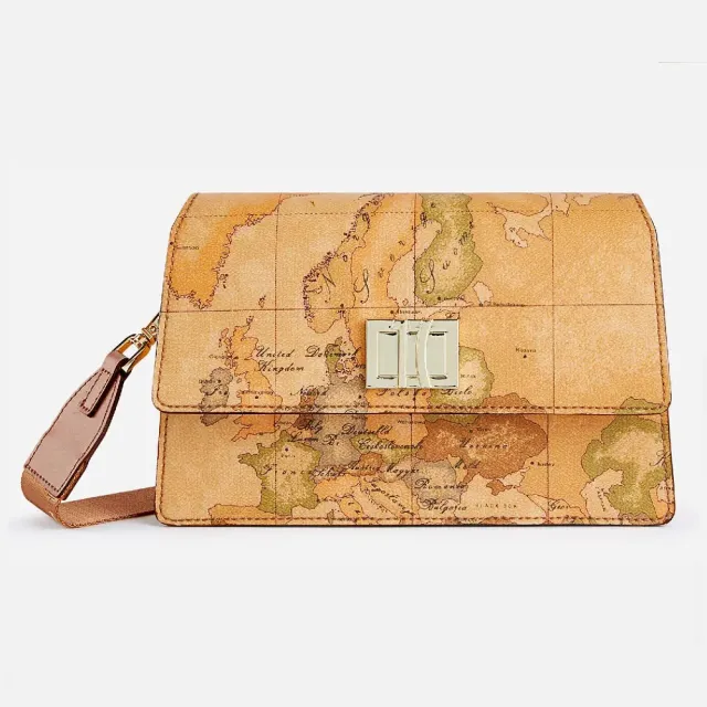 【Alviero Martini】義大利地圖包 金釦翻蓋寬揹帶斜側小包22cm(地圖黃)
