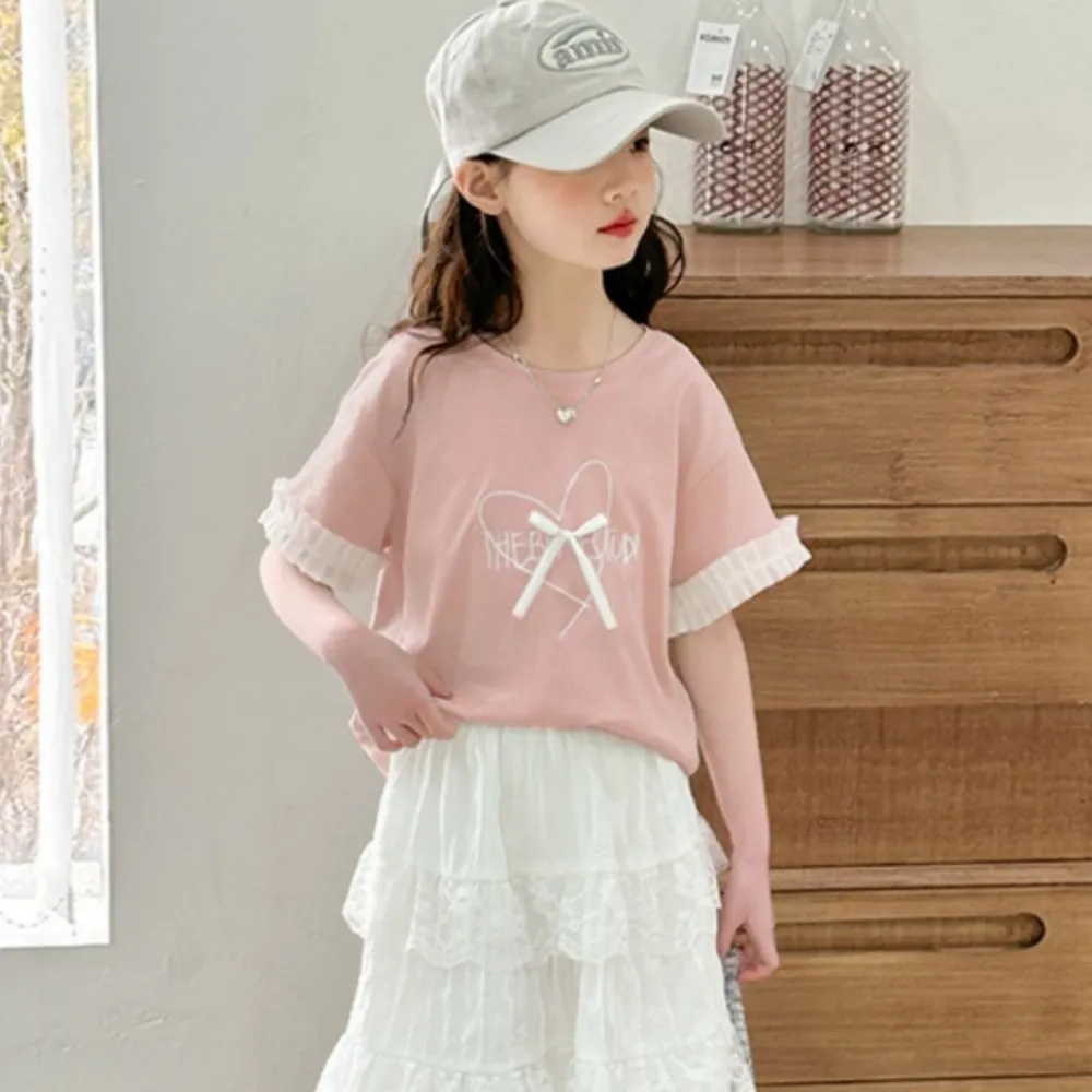 【UniKids】中大童裝短袖T恤 愛心蝴蝶結花邊袖上衣 女大童裝 VPMXBB(粉T 綠T)