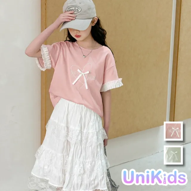 【UniKids】中大童裝短袖T恤 愛心蝴蝶結花邊袖上衣 女大童裝 VPMXBB(粉T 綠T)