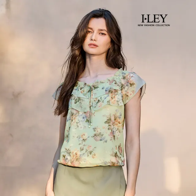 【ILEY 伊蕾】花朵印花荷葉小蓋袖上衣(淺綠；M-XL；1252011463)