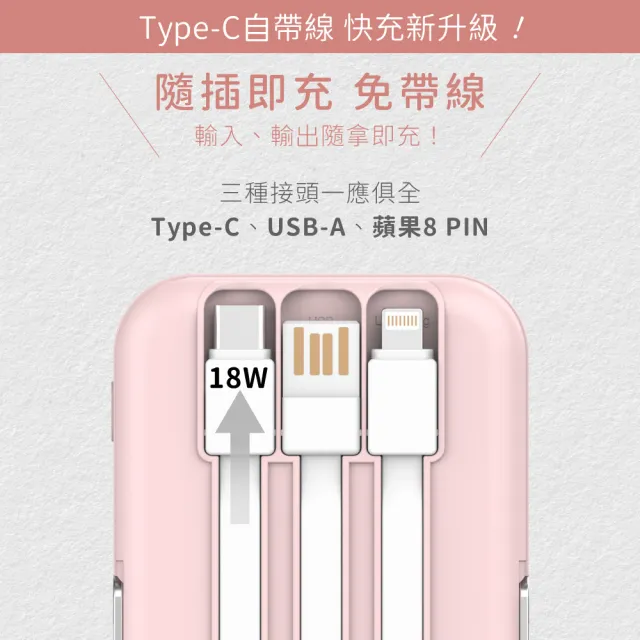 【KINYO】WH標示 5000mAh 20W快充 小全能自帶線磁吸行動電源(KPB-2513 Type-C/蘋果/無線充/支架)
