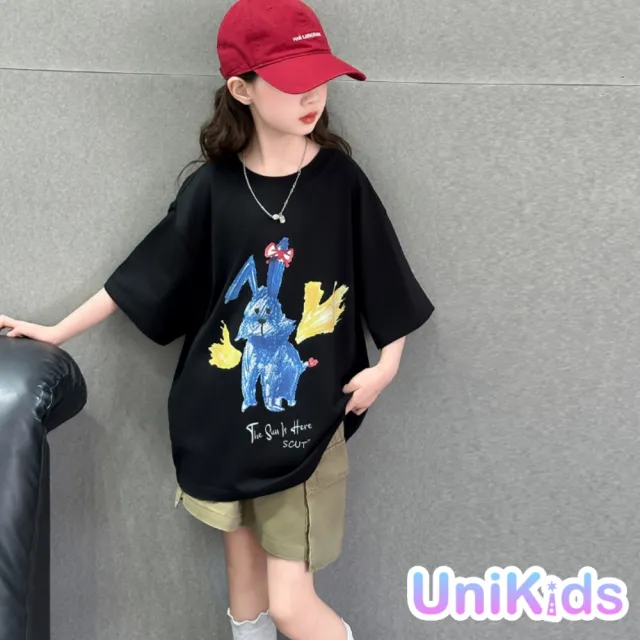 【UniKids】中大童裝短袖T恤 童趣飛飛狗上衣 女大童裝 CV2007(黑T恤)