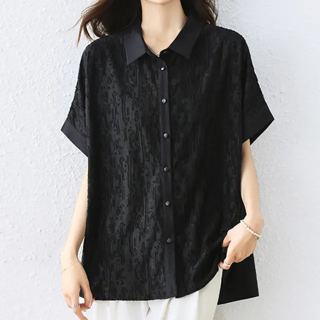 【麗質達人】3359黑色開釦翻領上衣-LY(L-5XL)