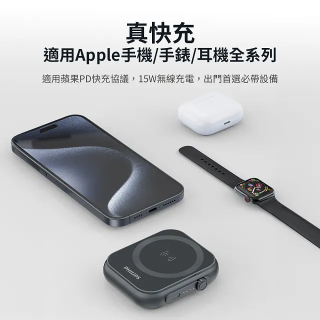 【Philips 飛利浦】DLP2556Q 20W黑金剛磁吸三合一磁吸行動電源(MagSafe/雙系統適用_18.5Wh_具Wh標示)