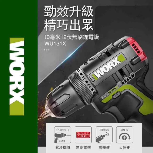 【WORX 威克士】12V 10mm 無刷衝擊鑽 WU131X.5(電鑽 三功合一衝擊鑽 鋰電衝擊電鑽 2段速 81附件套裝)
