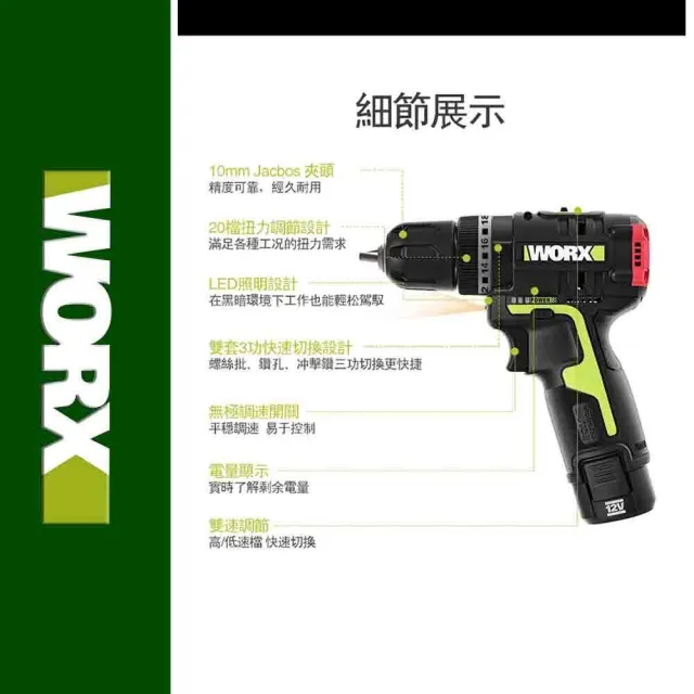 【WORX 威克士】12V 10mm 無刷衝擊鑽 WU131X.5(電鑽 三功合一衝擊鑽 鋰電衝擊電鑽 2段速 81附件套裝)