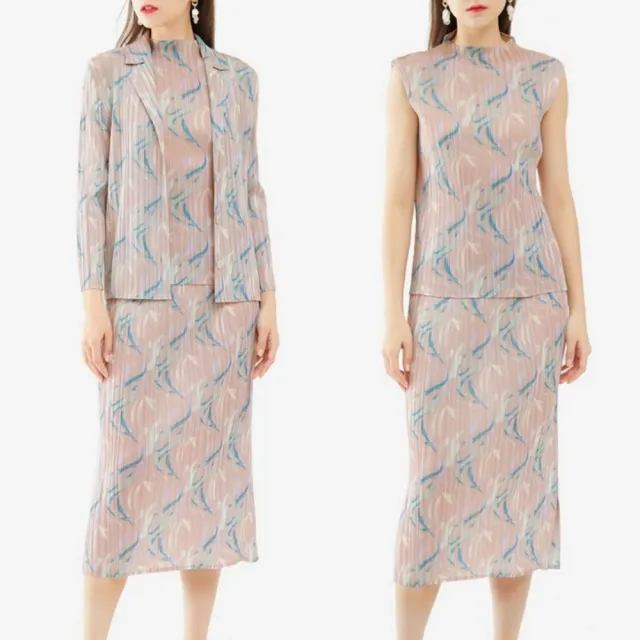 【米蘭精品】現貨+預購 三宅風皺褶衣服套裝女西裝外套背心長裙摺衣彈力女裝顯瘦折衣大碼(印花74cg17)