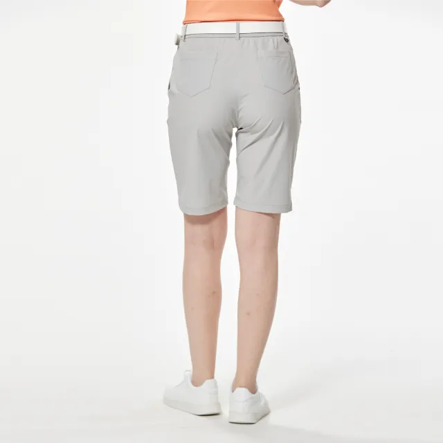 【Lynx Golf】女款四面彈性素面款腰圍羅紋織帶剪接設計經典山貓膠標造型直筒五分褲(深灰色)