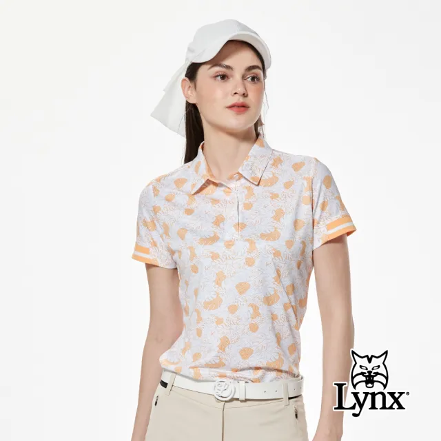 【Lynx Golf】女款合身版吸排機能彈性舒適滿版花草印花領口繡花羅紋袖口造型短袖POLO衫/高爾夫球衫(二色)