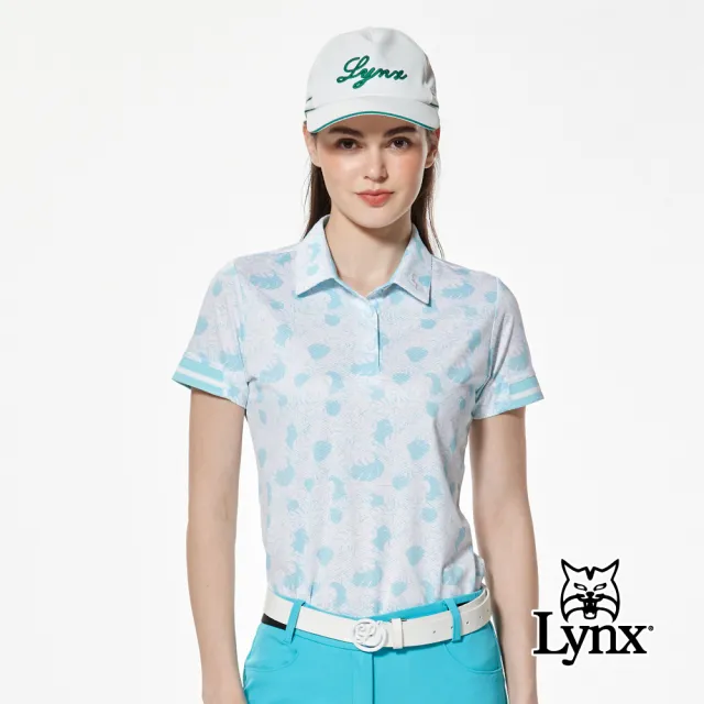 【Lynx Golf】女款合身版吸排機能彈性舒適滿版花草印花領口繡花羅紋袖口造型短袖POLO衫/高爾夫球衫(二色)