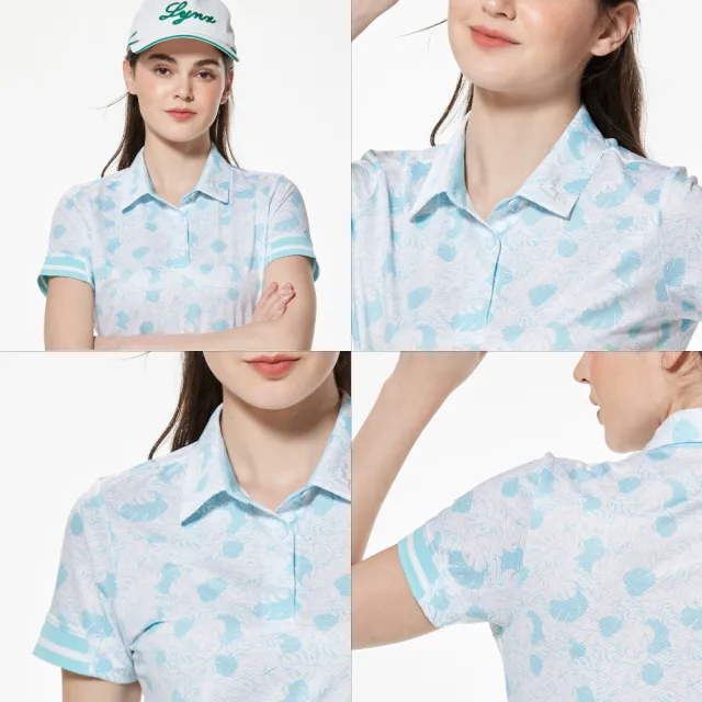 【Lynx Golf】女款合身版吸排機能彈性舒適滿版花草印花領口繡花羅紋袖口造型短袖POLO衫/高爾夫球衫(二色)