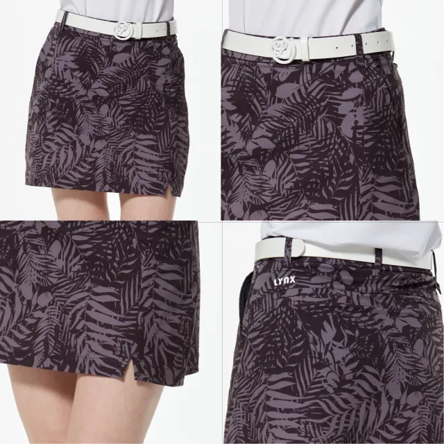 【Lynx Golf】女款環保紗四面彈性清新感樹葉印花Lynx膠標下擺開杈造型運動短裙(二色)