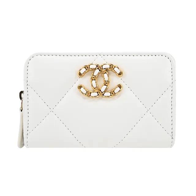 【CHANEL 香奈兒】19系列 金屬LOGO菱格紋小羊皮零錢包(白色)