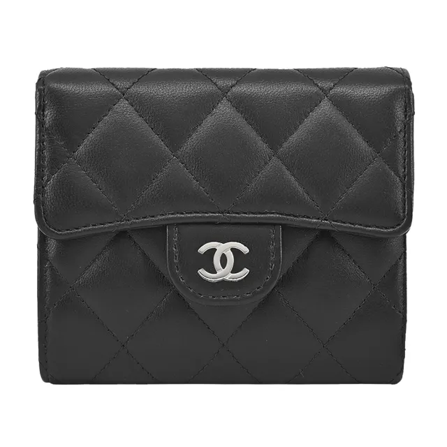 【CHANEL 香奈兒】經典雙C 金屬菱格紋小羊皮翻蓋三折短夾(黑色)