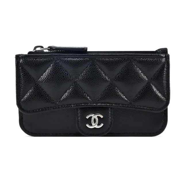 【CHANEL 香奈兒】經典雙C LOGO菱格紋小牛皮卡片包(黑色)