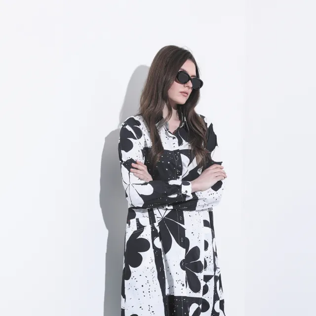 【PANGCHI 龐吉】黑白駁花長版襯衫洋裝(2428210/91)